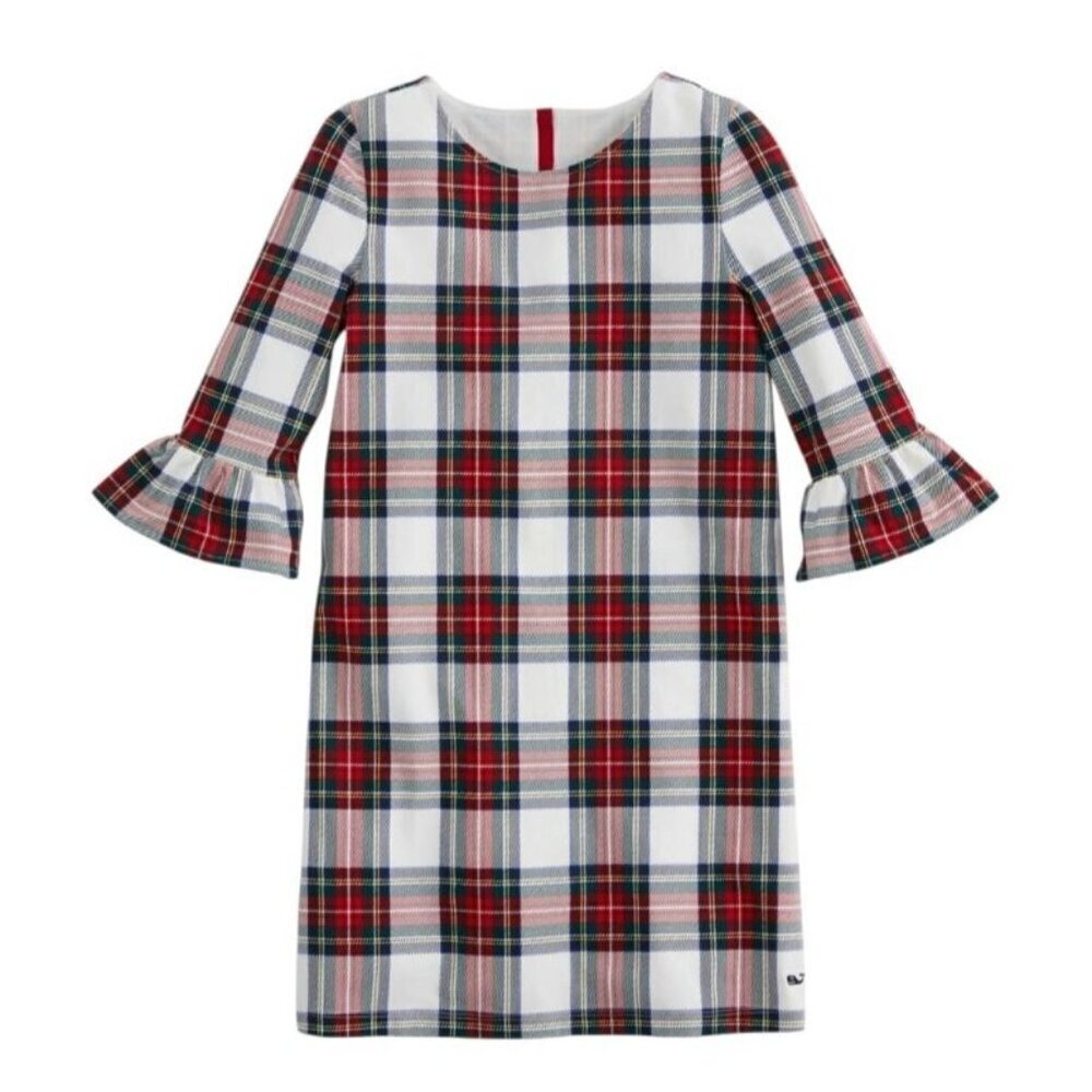 Vineyard Vines Girls Ruffle Sleeve Tartan Plaid Dress S (7–8) Marshmallow